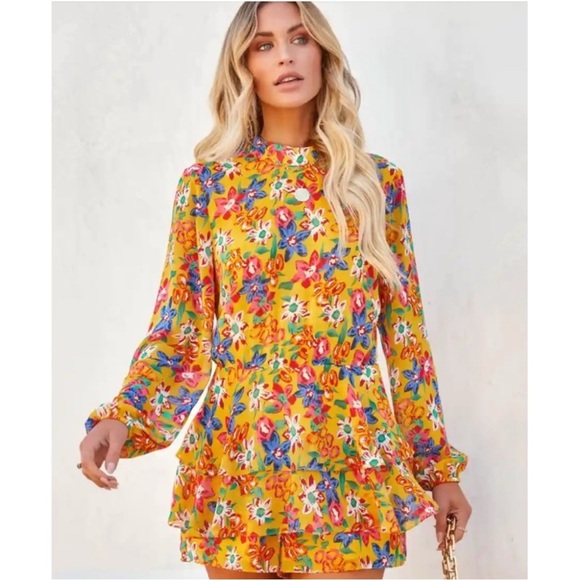 Endless Rose Multicolor Floral Long Sleeve Tie Back Ruffle Romper - Picture 1 of 8
